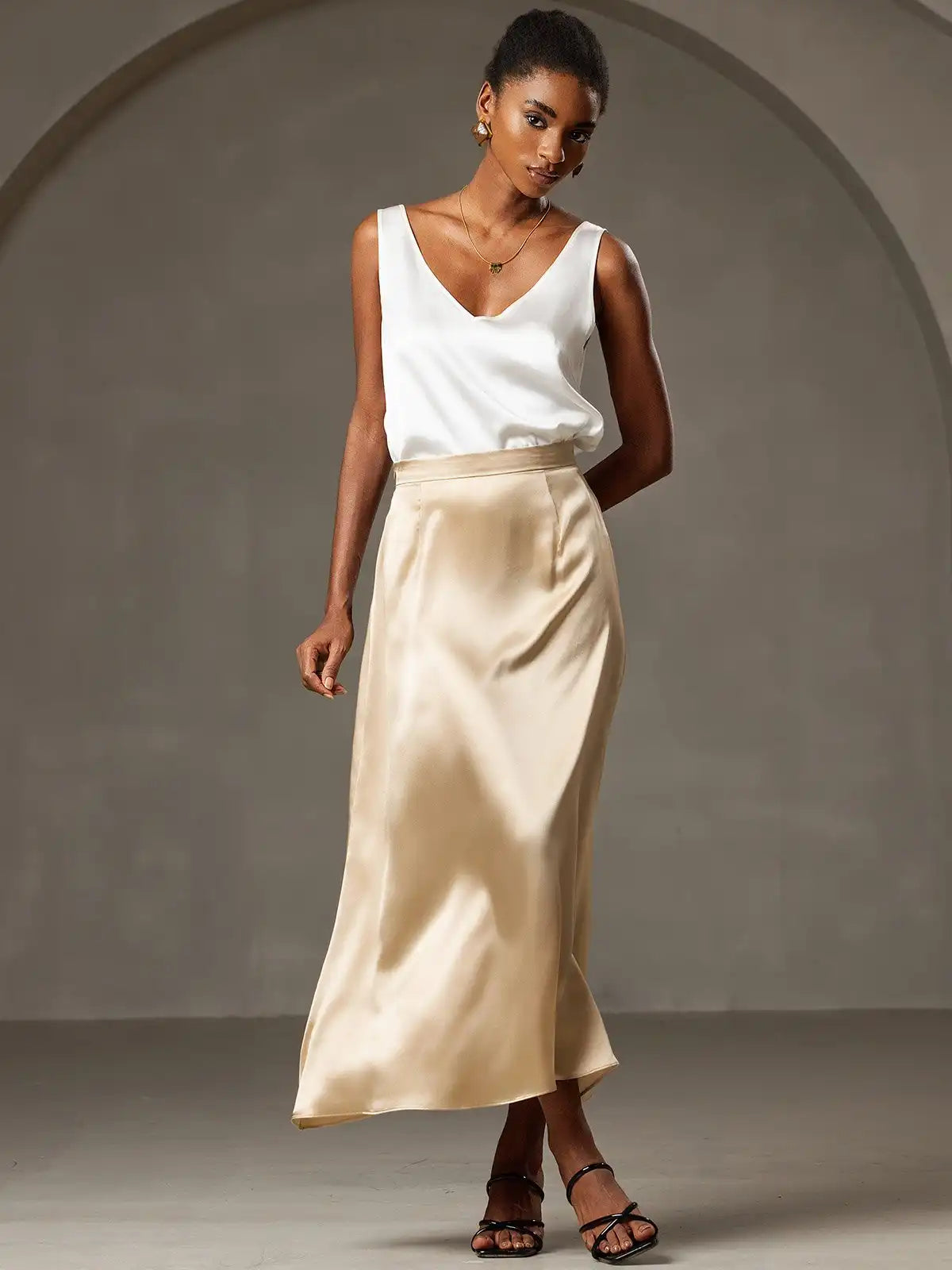 Clearance - 19Momme Silk A Line Maxi Skirt with Zipper Design