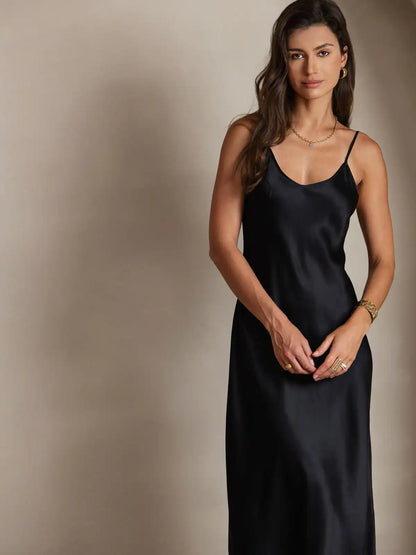 100% Mulberry Silk Spaghetti Strap V Neck Midi Dress