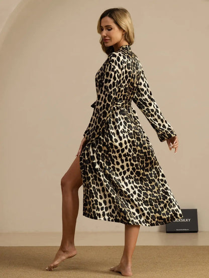 100% Mulberry Silk Women's Long Sleeve Midi Leopard Printed Robe