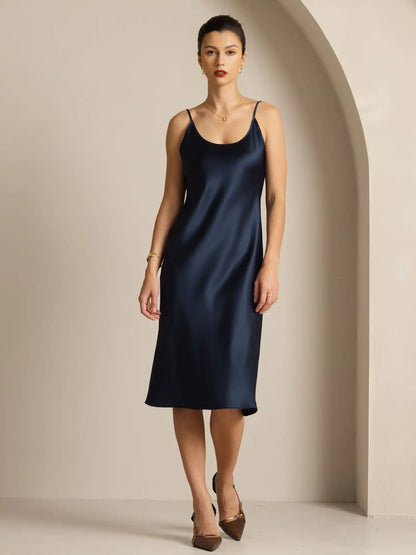 19Momme Silk Scoop Neck Backless Spaghetti Strap Midi Dress