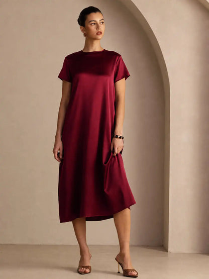 19Momme Silk Short Sleeve Crew Neck  Midi Dress With Side Pockets
