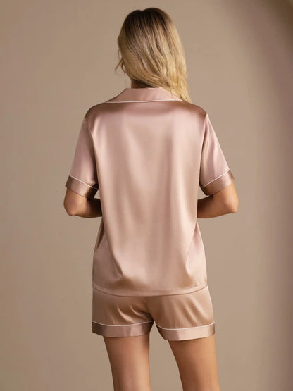 100% Mulberry Silk Short Sleeve Notch Collar Above the Knee Women's Pajamas Set