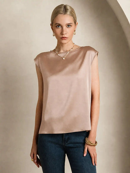 19Momme Women's Silk Cap Sleeve Round Neck Top