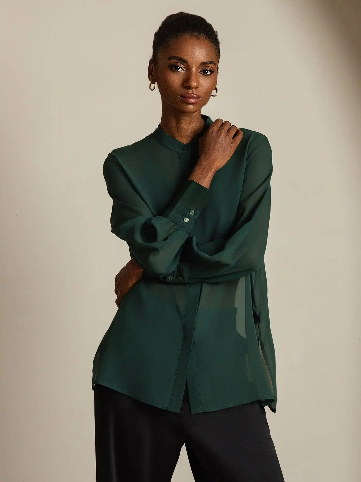 100% Mulberry Silk Long Sleeve Split Sheer Blouse