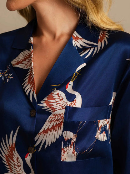 19Momme 100% Mulberry Silk Crane Print Nightshirt with High-Low Hem