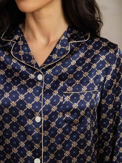 100% Mulberry Silk Chain Print Long Sleeve Lapel Collar Women's Pajamas Set