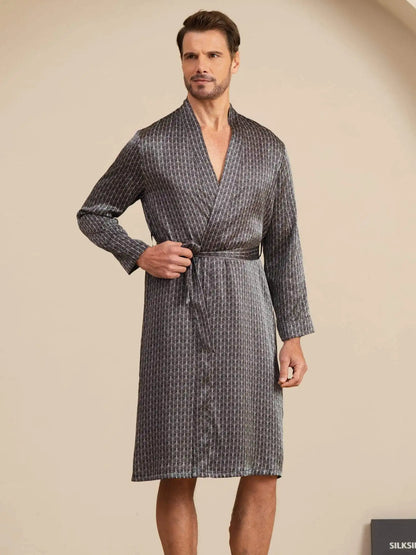 100% Mulberry Silk Men’s Knee Length Ginkgo Printed Robe With Belted Design