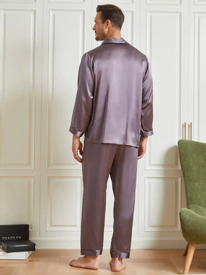 100% Mulberry Silk Long Sleeve Notch Collar Men's Pajamas Set with Button Up Design