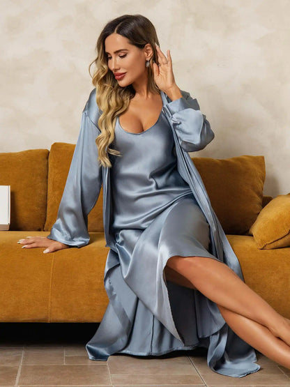 100% Mulberry Silk V-Neck Midi Nightgown & Robe Set 2Pcs