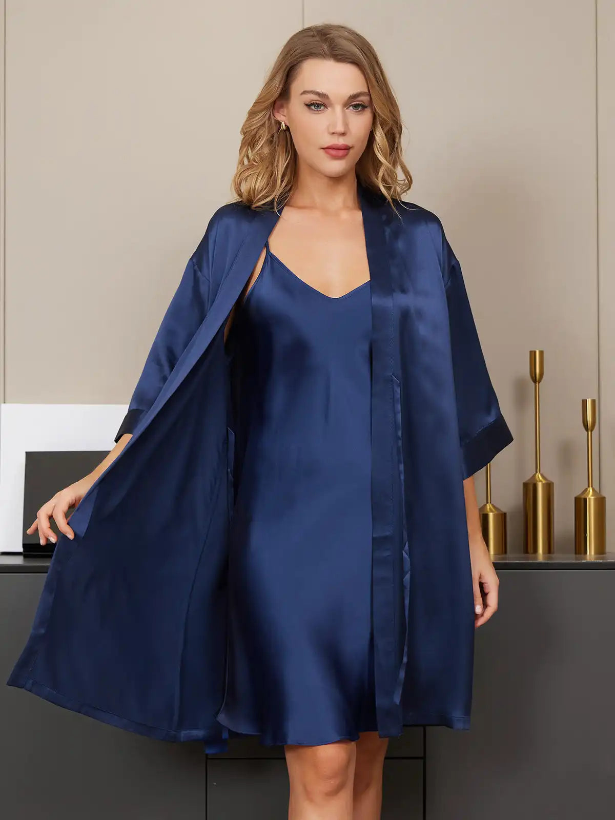 100% Mulberry Silk Kimono Robe & V‑Neck Nightgown Set