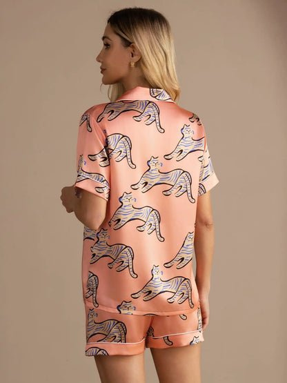 100% Mulberry Silk Women's Cat Print Short Sleeve Button Up Pajama Set