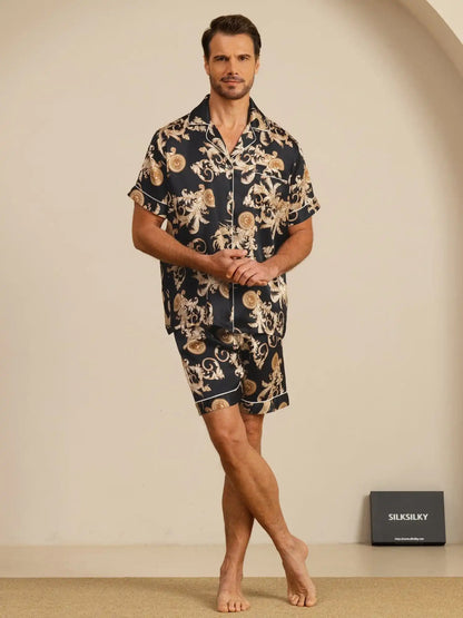 100% Mulberry Silk Men's Dragon Print  Short Sleeve Lapel Collar Pajamas Set