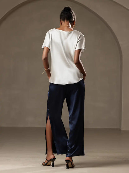 19Momme Silk Short Sleeve Boat Neck Cuffed Sleeve Women's T-Shirt