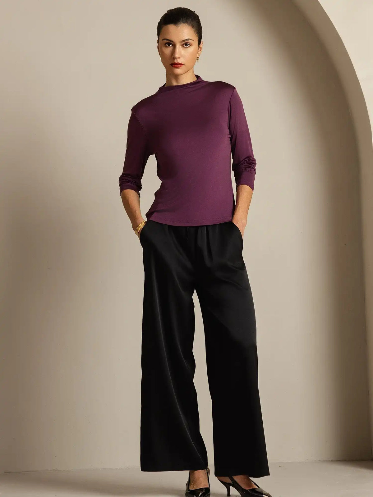 Women's 100% Mulberry Silk Long Sleeve Mock Top