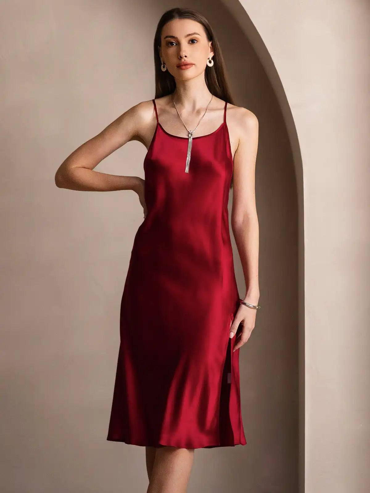 Elegant 100% Mulberry Silk Cross Backless Midi Dress with Side Slit