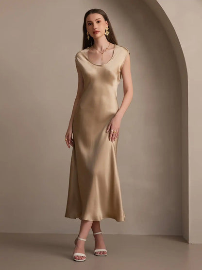 19Momme Silk Cap Sleeve Round Neck Midi Dress
