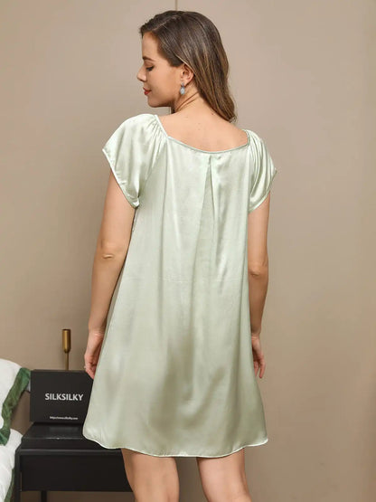100% Mulberry Silk Cap Sleeve Square Neck Babydoll Short Nightgown