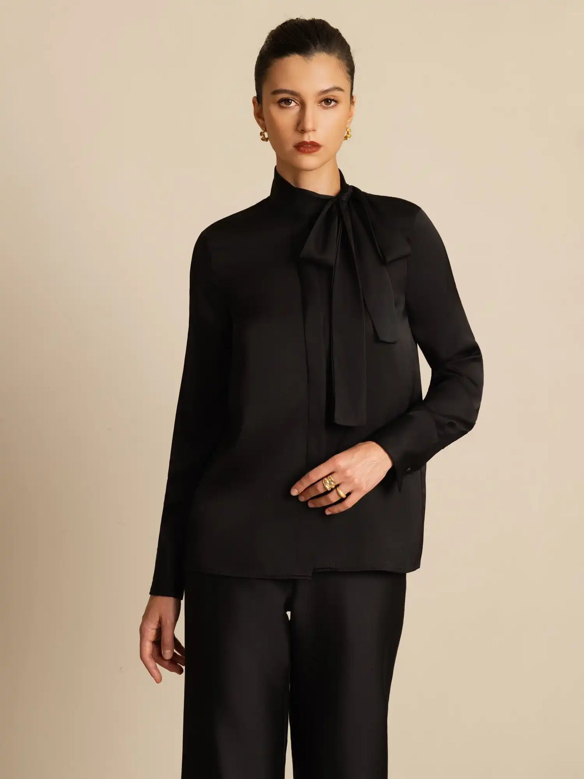 19Momme Silk Women's Tie Neck Long Sleeve Blouse