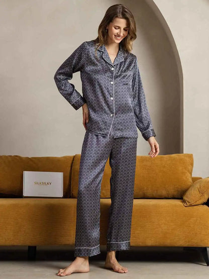 Clearance - Women's 100% Mulberry Silk Ginkgo Print Long Sleeve Lapel Collar Pajamas Set