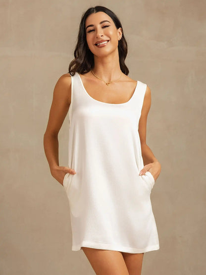Clearance - 19Momme Washable Silk Sleeveless Scoop Neck Short Nightgown with Side Pocket Design