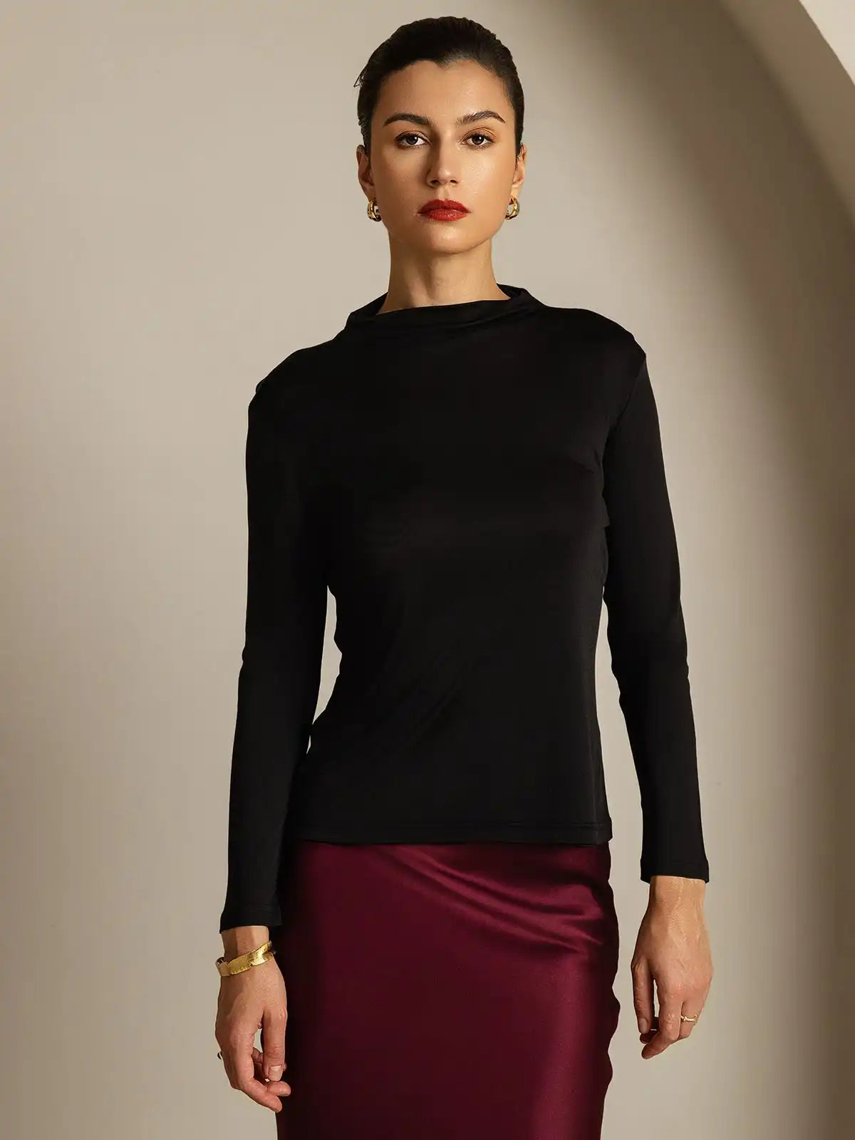 Women's 100% Mulberry Silk Long Sleeve Mock Top