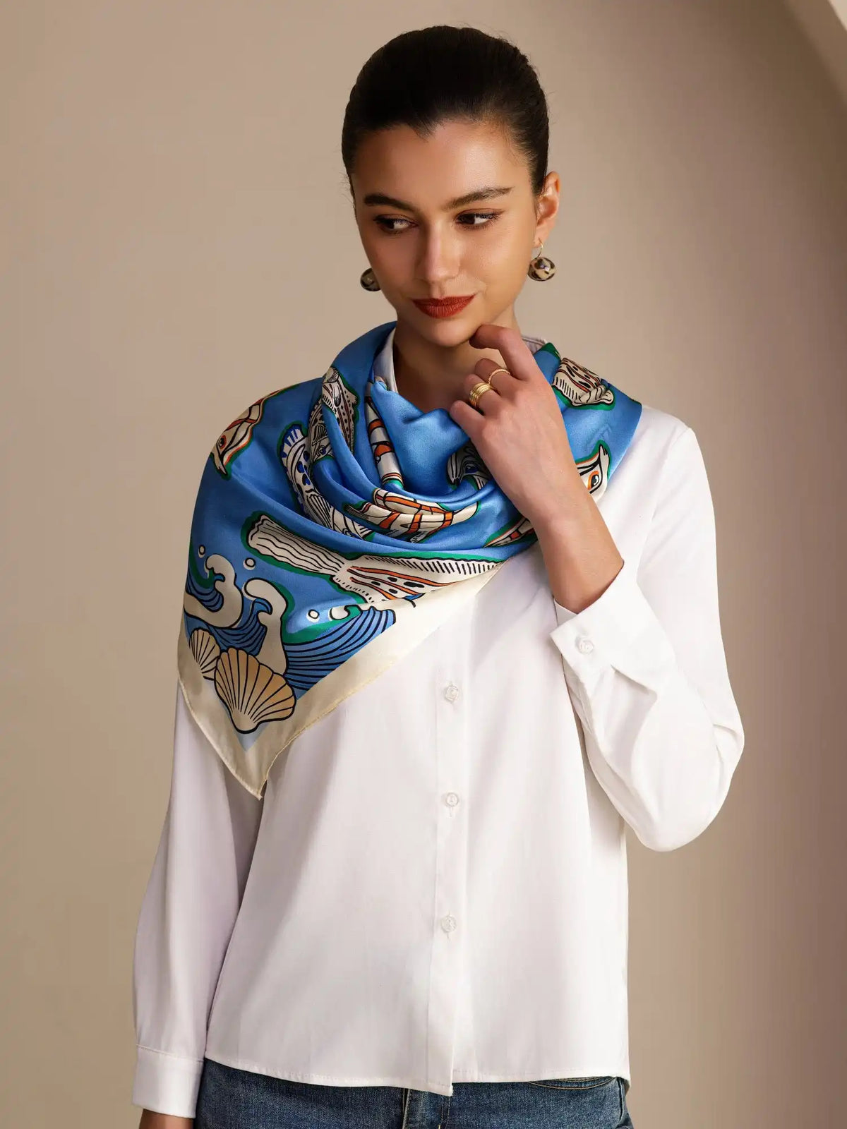 100% Mulberry Silk Fish Pattern Scarf - Size 90x90cm