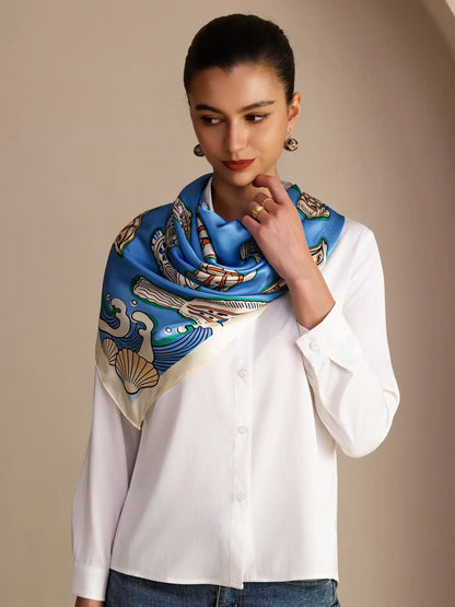 100% Mulberry Silk Fish Pattern Scarf - Size 90x90cm