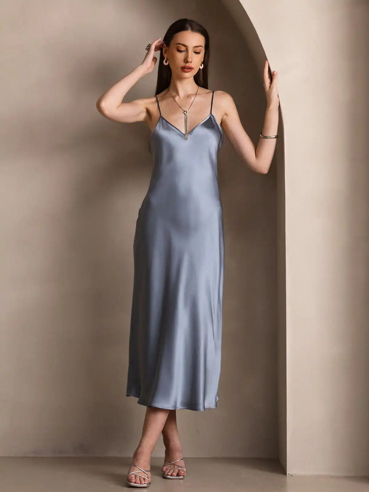 100% Mulberry Silk Spaghetti Strap Midi Long Dress