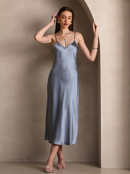 100% Mulberry Silk Spaghetti Strap Midi Long Dress