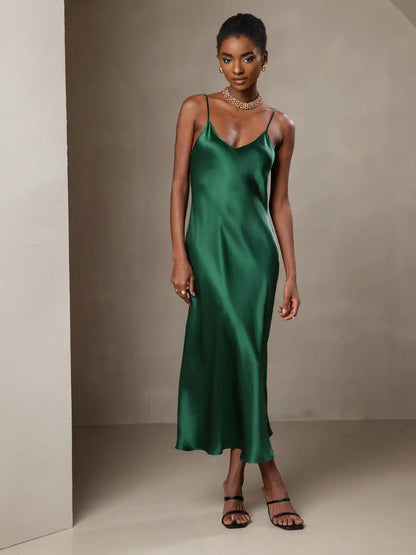 100% Mulberry Silk Spaghetti Strap Midi Long Dress