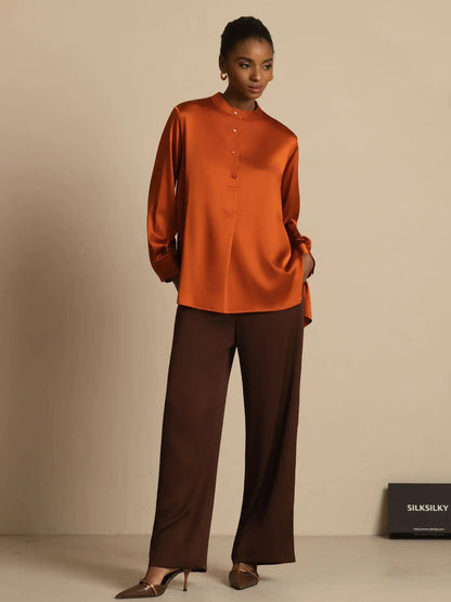 19Momme Silk Women’s  Stand Collar High-Low Blouse With Button Detail