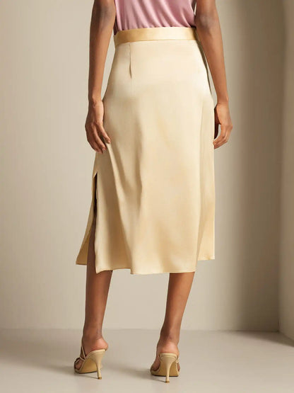 Clearance - 19Momme Silk A Line Long Slit Skirt with Zipper Design