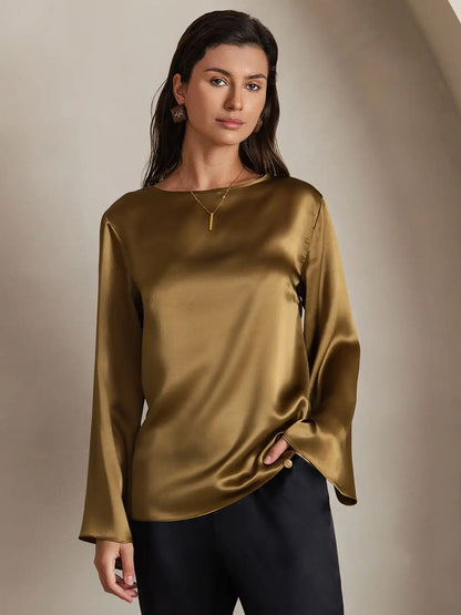 19Momme Silk Bell Sleeve Boat Neck Women's Top