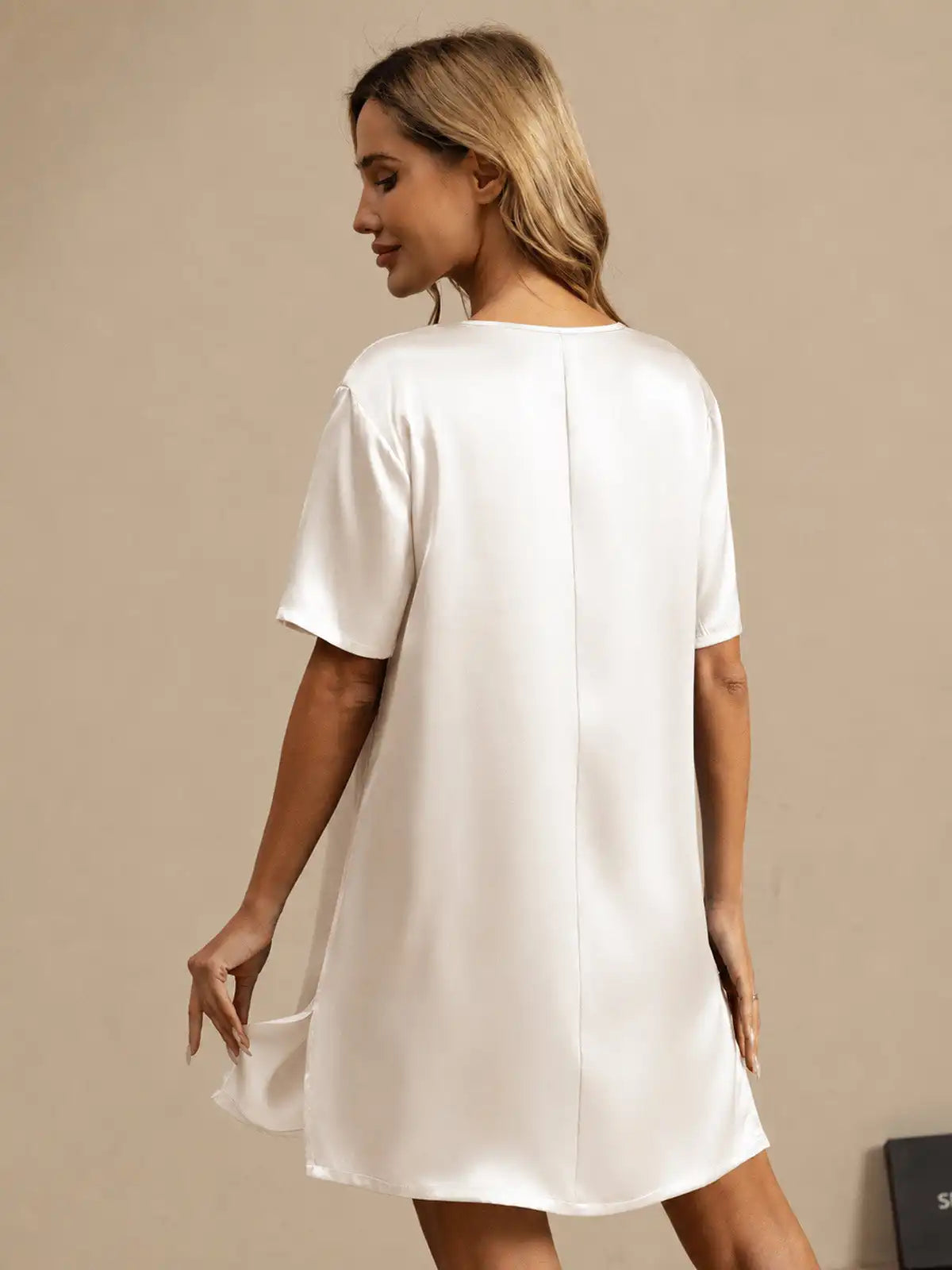 100% Mulberry Silk Half Sleeve V-neck Short Nightgown with Split Design