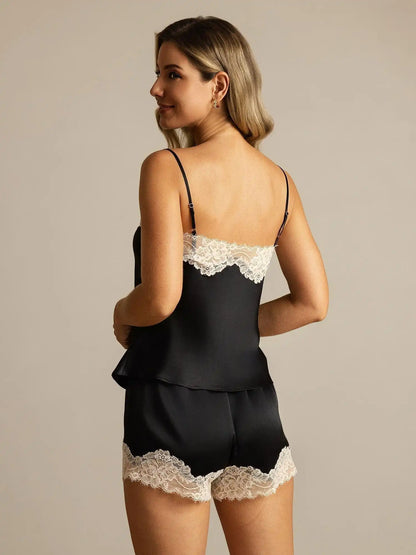 100% Mulberry Silk Spaghetti Strap V Neck Camisole Set with Lace Design