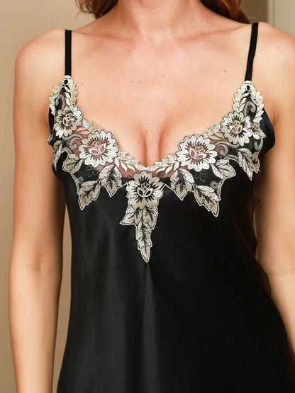 100% Mulberry Silk Spaghetti Strap Mini Nightgown with Lace Design