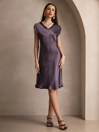100% Mulberry Silk Cap Sleeve V-neck Midi Nightgown