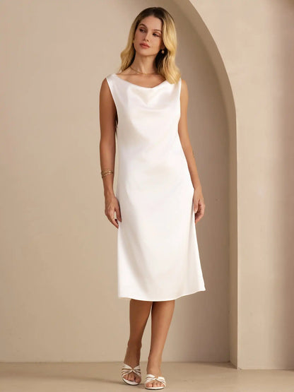 19Momme Silk Sleeveless Cowl Neck Knee Elegant Dress