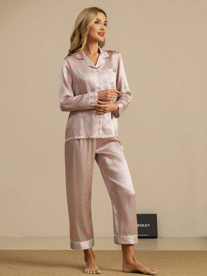 Women's 100% Mulberry Silk Geometric Print Long Sleeve Pajamas Set With Pants