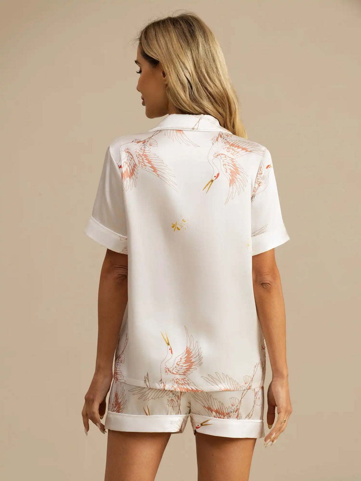 19Momme Women's 100% Mulberry Silk Crane Print Short Sleeve Notch Collar Pajamas Set