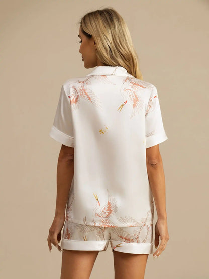 19Momme Women's 100% Mulberry Silk Crane Print Short Sleeve Notch Collar Pajamas Set