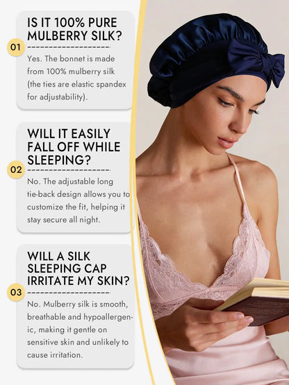 100% Mulberry Silk Bonnet Bowknot Tie Sleep Cap for Hair Protection