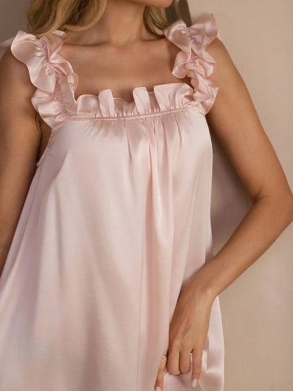 19Momme Silk Ruffle Strap Square Neck  Babydoll A-Line Short Nightgown