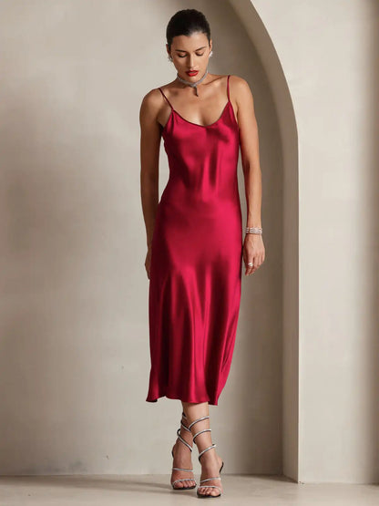 100% Mulberry Silk Spaghetti Strap Midi Long Dress