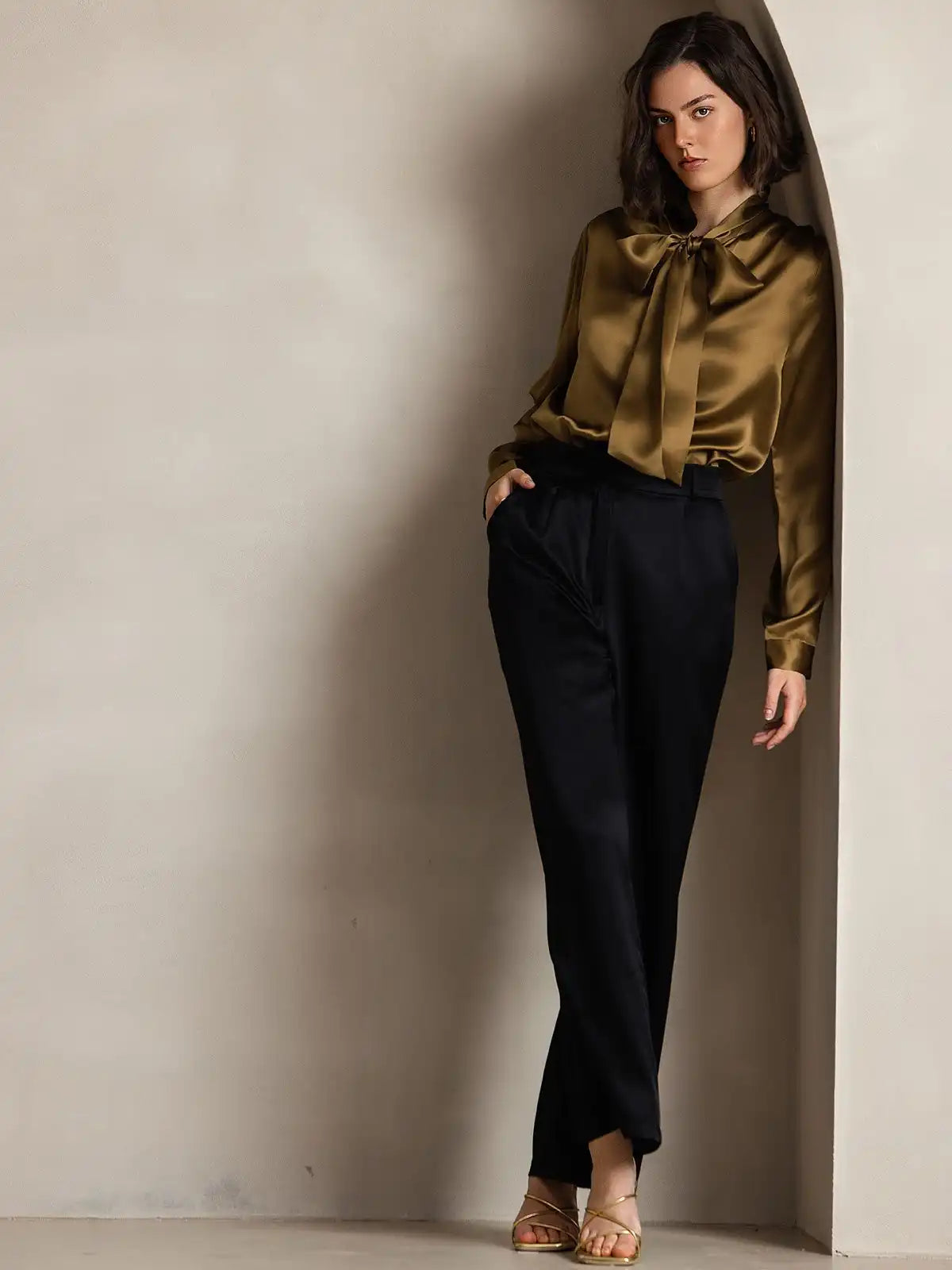 Elegant 19Momme Silk Long Sleeve Tie Neck Blouse