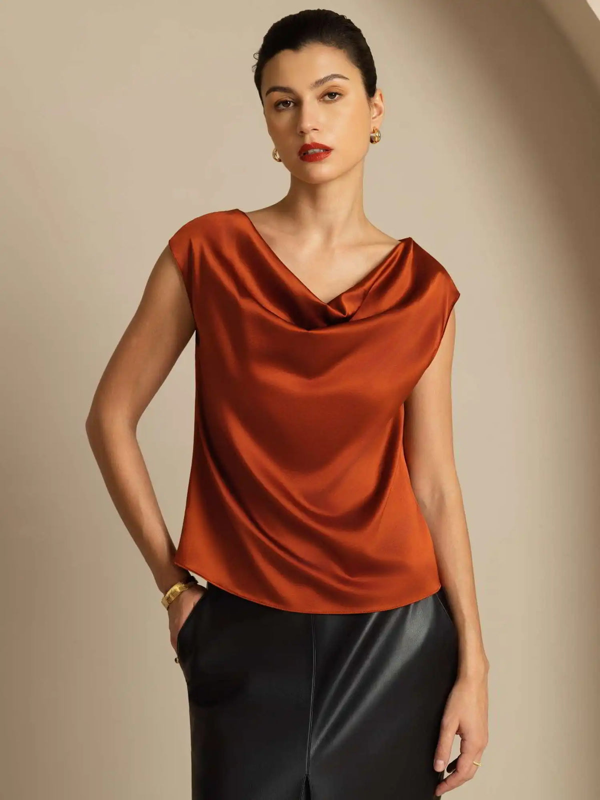 19Momme Silk Cap Sleeve Cowl Neck Women's Top