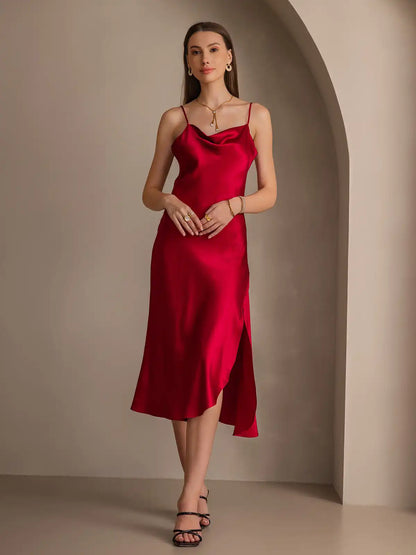 100% Mulberry Silk Spaghetti Strap Cowl Neck Bias Midi Dress with Split Design