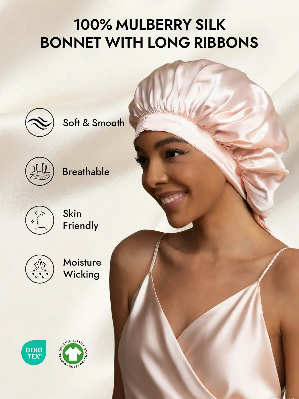 100% Mulberry Silk Elegant Bonnet with Long Ribbons