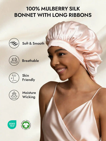 100% Mulberry Silk Elegant Bonnet with Long Ribbons