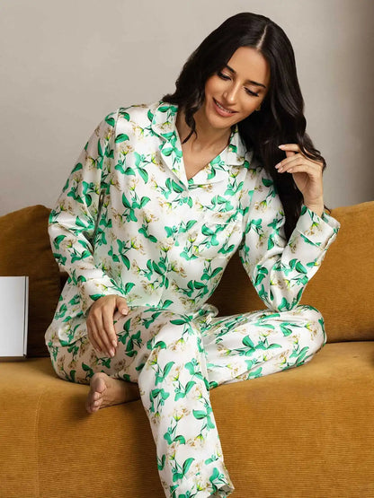 Clearance - Women's Pure Silk Green Floral Print Long Sleeve Notch Collar Pajamas Set
